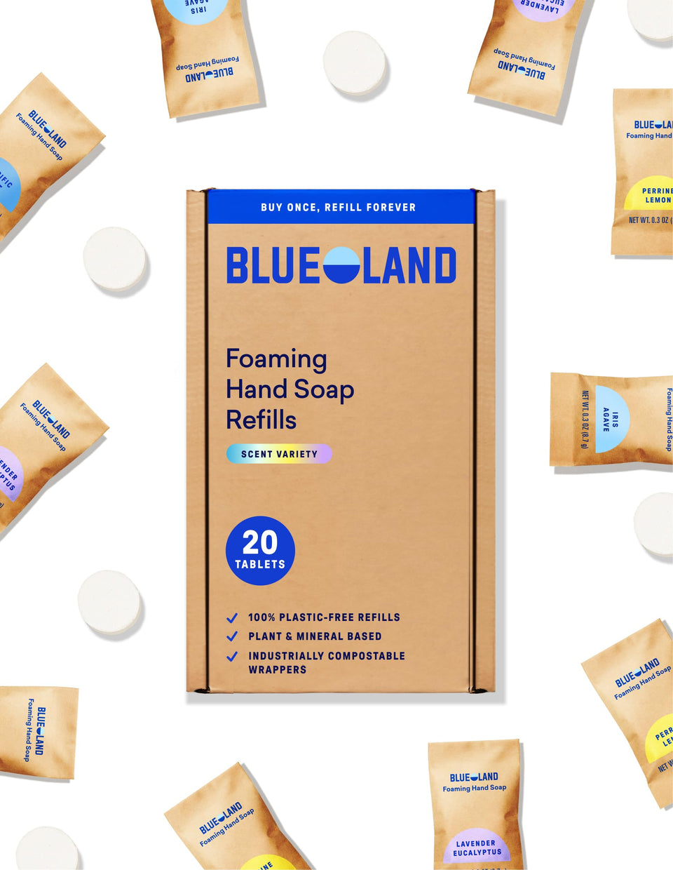 BLUELAND forever bottle front view showing refillable glass and pump benefit