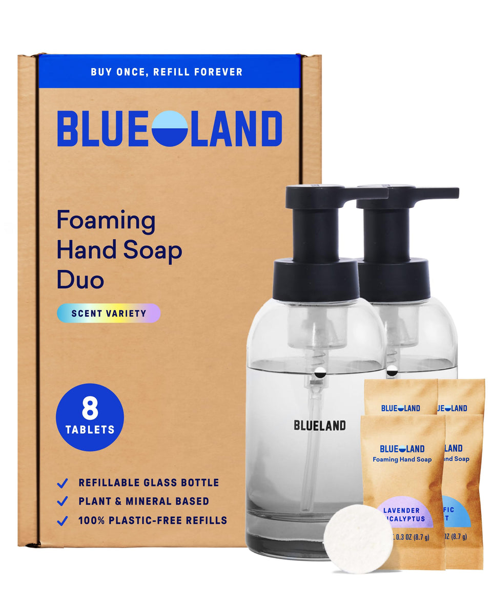 BLUELAND front packaging showing two glass foaming dispensers and tablets, waste-saving benefit