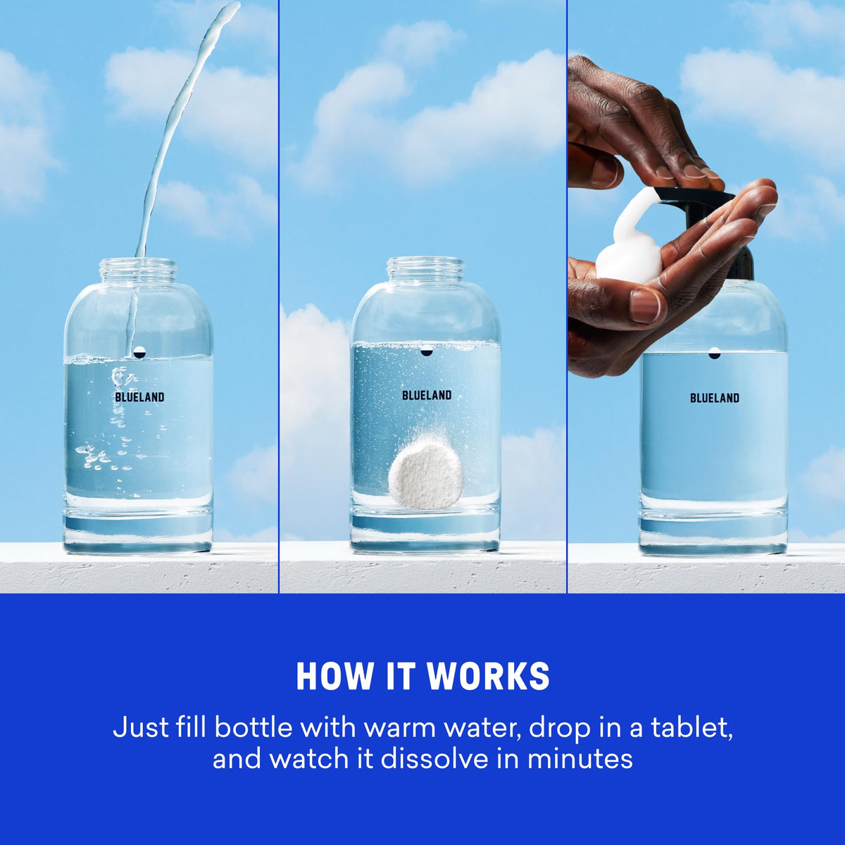BLUELAND refill tablet close-up showing dissolvable, plastic-free convenience