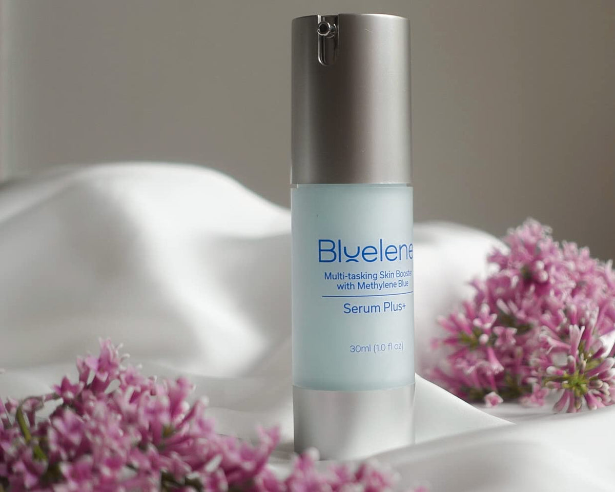 Bluelene ingredients label beside bottle showing actives and sensitive-skin focus