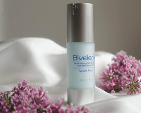 Bluelene ingredients label beside bottle showing actives and sensitive-skin focus
