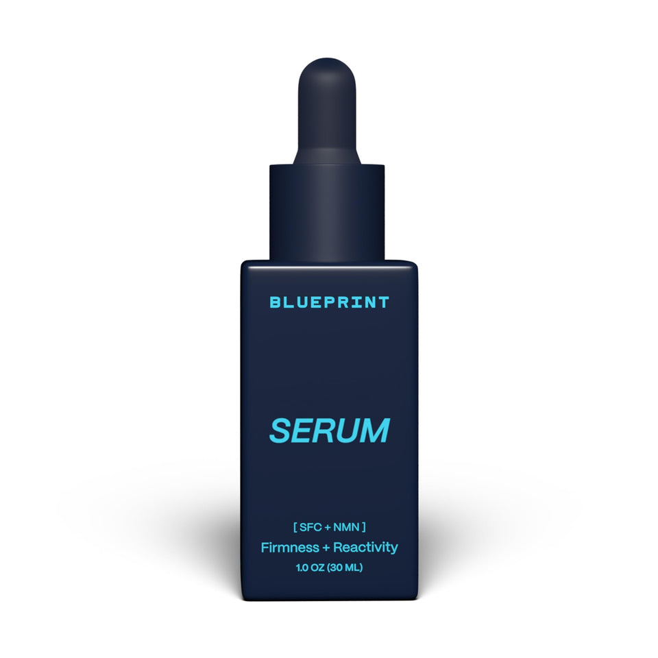 Blueprint Bryan Johnson front packaging showing serum bottle and benefit of firming