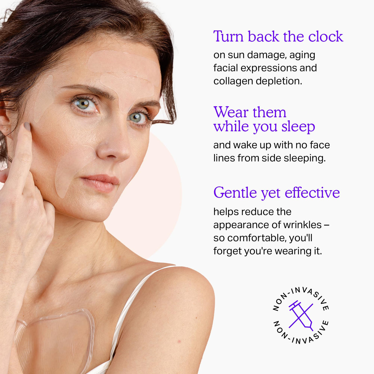 BLUMBODY patch applied on forehead demonstrating wrinkle smoothing effect
