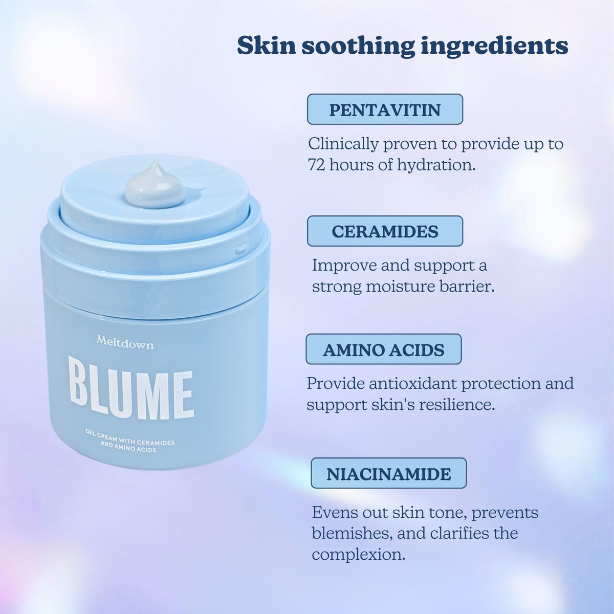 Blume Meltdown ingredient visual showing ceramides and squalane for barrier support