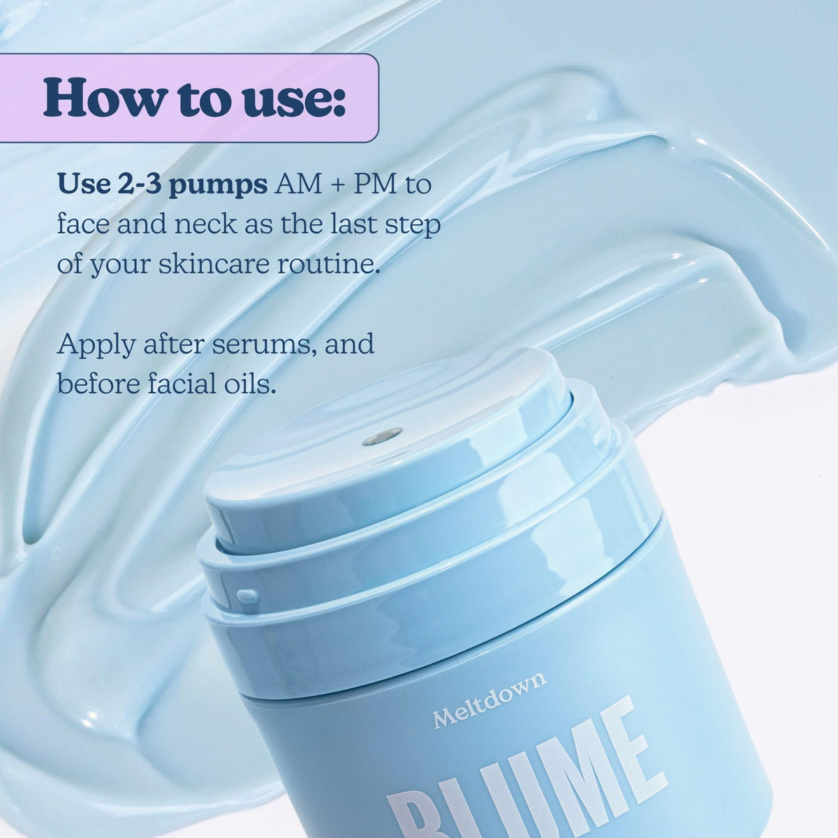 Blume Meltdown side label closeup highlighting niacinamide and centella benefits