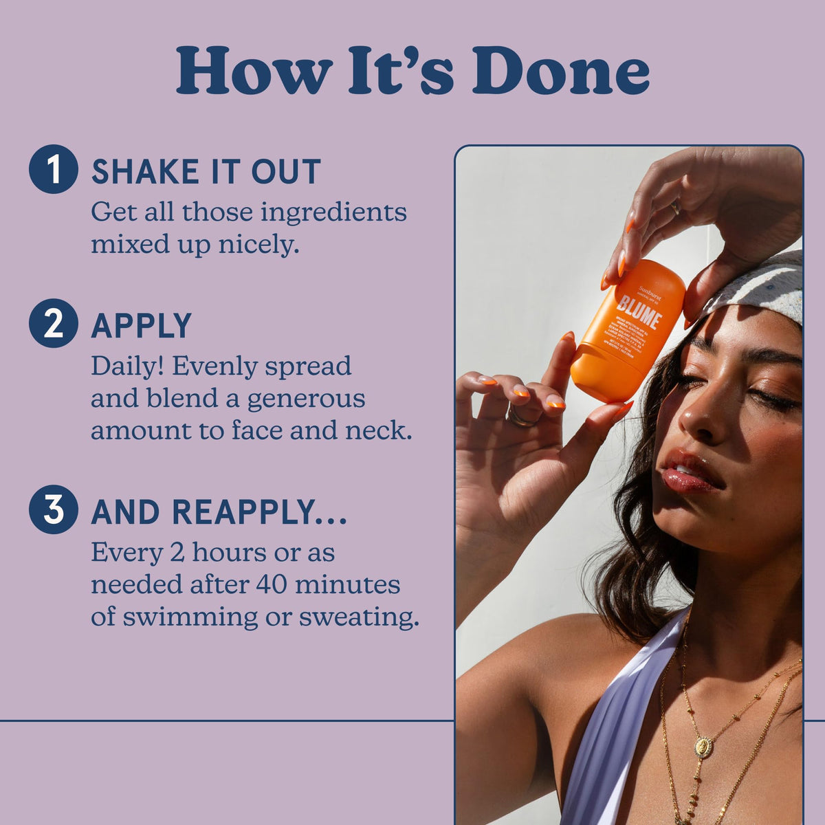 Applying Blume Sunburst to face for even coverage and immediate protection