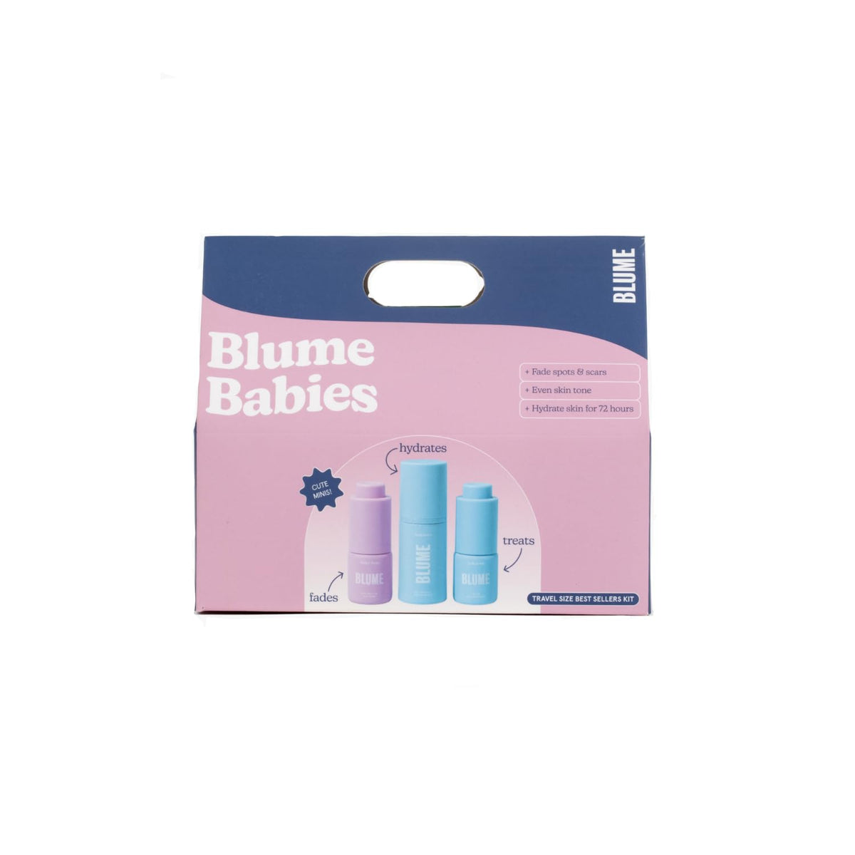 Blume travel kit front packaging showing compact TSA-ready bottles and branding benefits