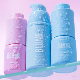 Blume step-by-step usage sequence showing oil, serum, and moisturizer layering benefits