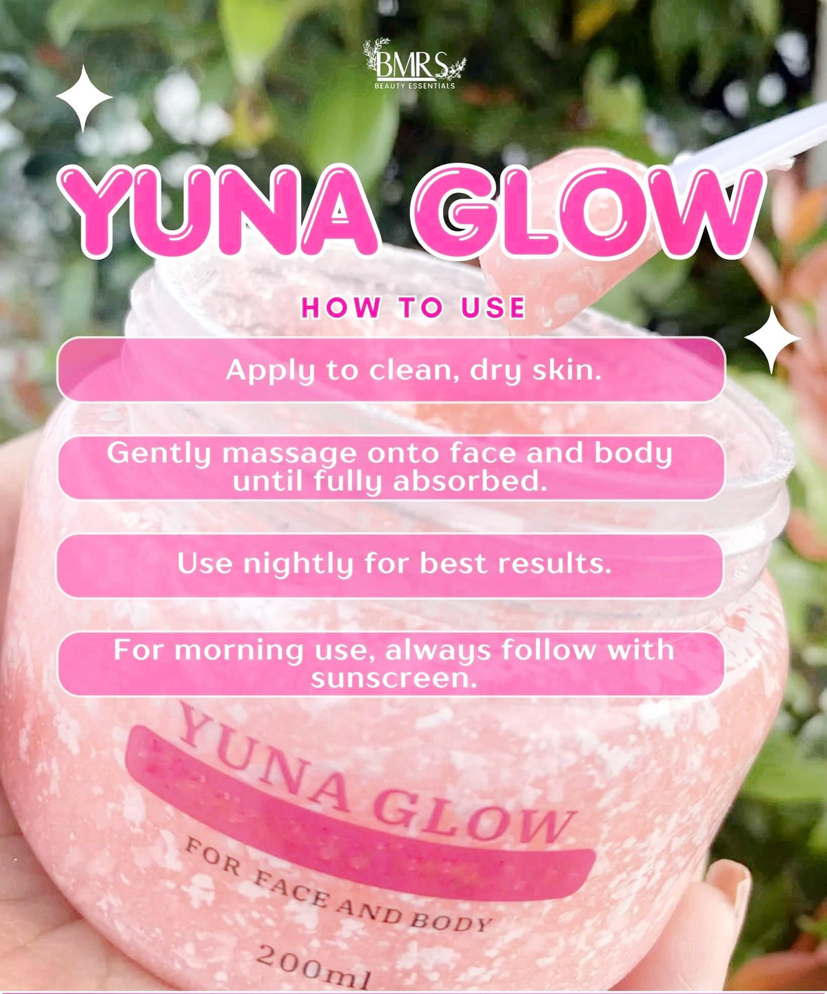 BMRS YUNA GLOW applied to forearm in lifestyle scene, demonstrates hydration and smooth skin