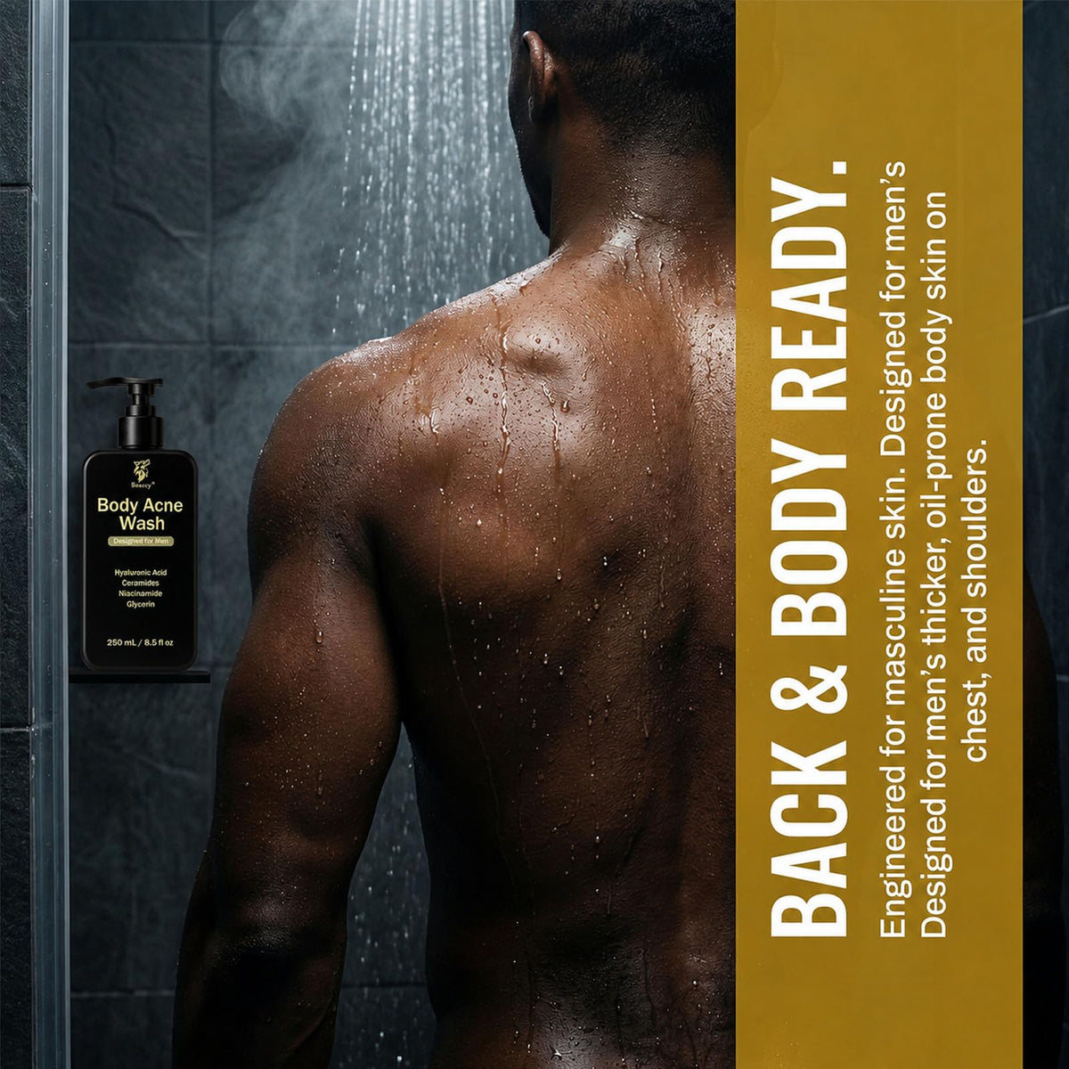 Boaccy being applied in shower to shoulders and upper back