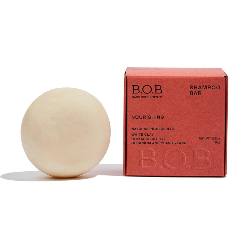B.O.B front packaging showing plastic-free shampoo bar and label benefits
