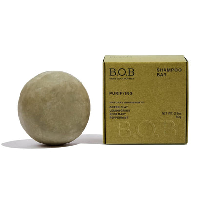 B.O.B BARS OVER BOTTLES front packaging showing eco-friendly shampoo bar and branding for clarity