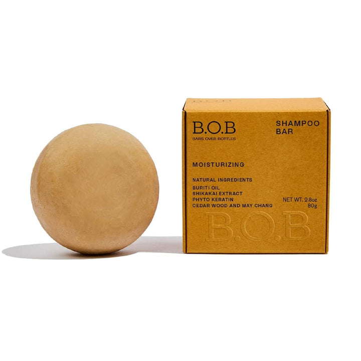 B.O.B front packaging showing moisturizing shampoo bar benefits