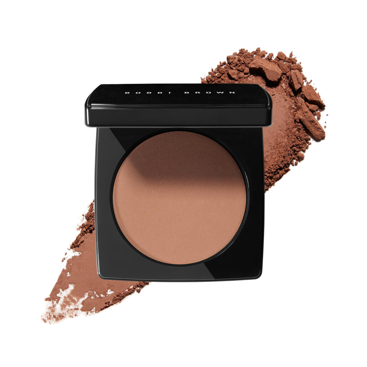 Bobbi Brown bronzing powder compact front view showing product and brand benefit blending easily
