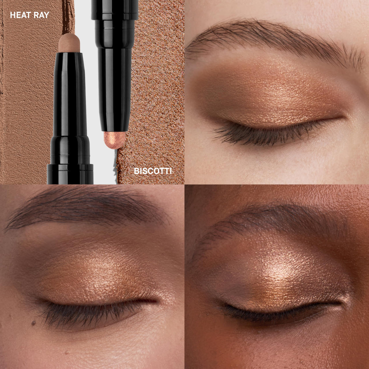 Bobbi Brown Heat Ray/Biscotti shades close-up depicting matched matte and shimmer contrast