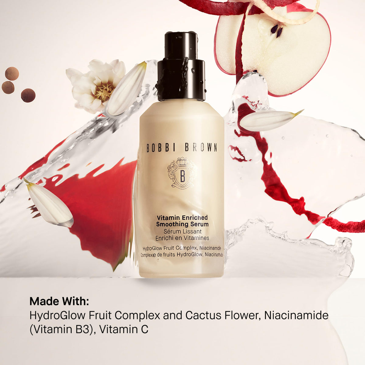Bobbi Brown serum on bathroom vanity, lifestyle shot conveying nightly skincare ritual