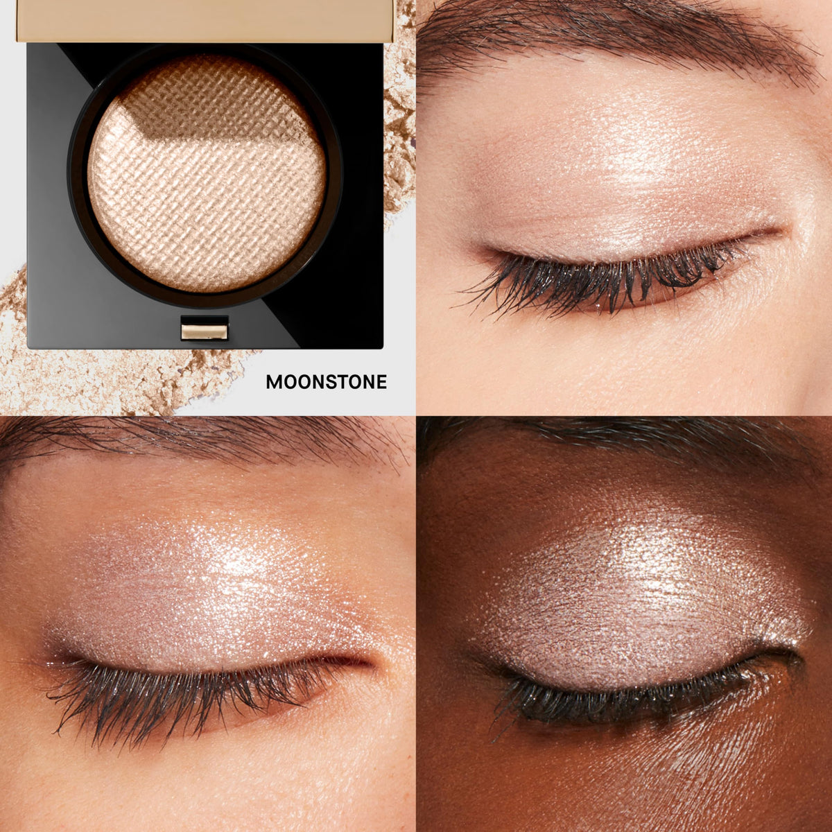 Bobbi Brown Luxe Eyeshadow Moonstone texture close-up revealing shimmer particles and smooth payoff benefit