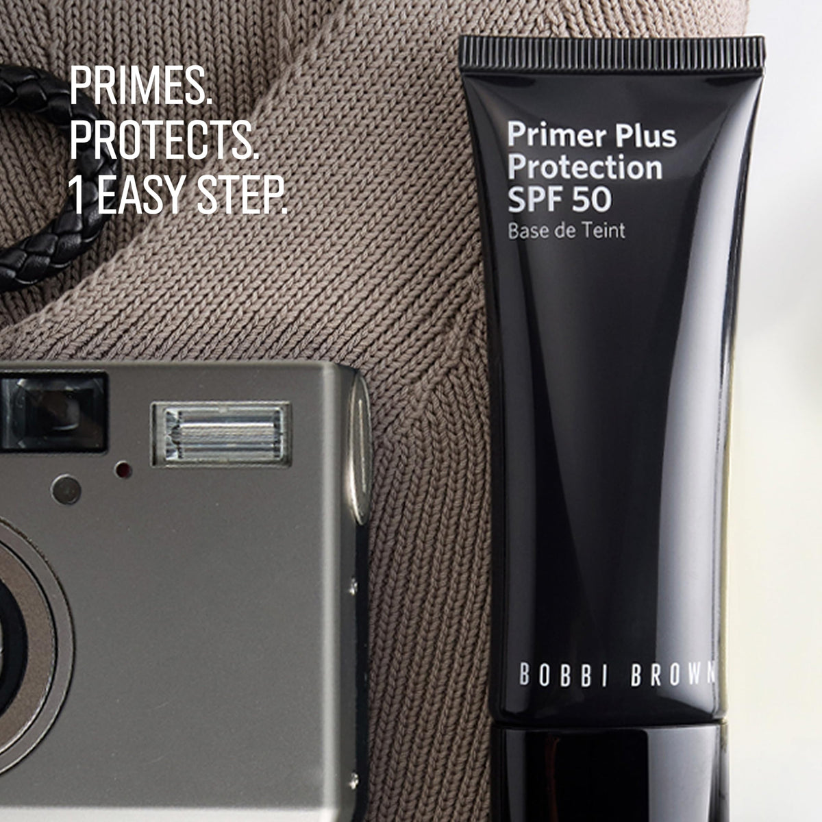 Bobbi Brown primer on vanity styled with skincare showing morning routine benefit