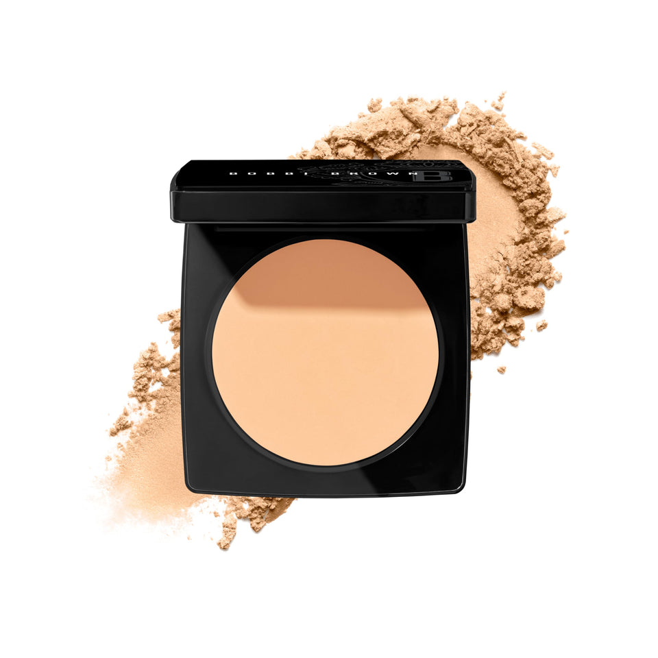 Bobbi Brown compact front view showing sleek packaging and shade label benefit