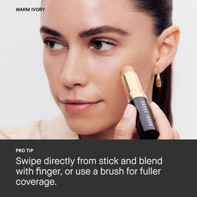 Bobbi Brown close-up of stick tip and label showing precise application benefit
