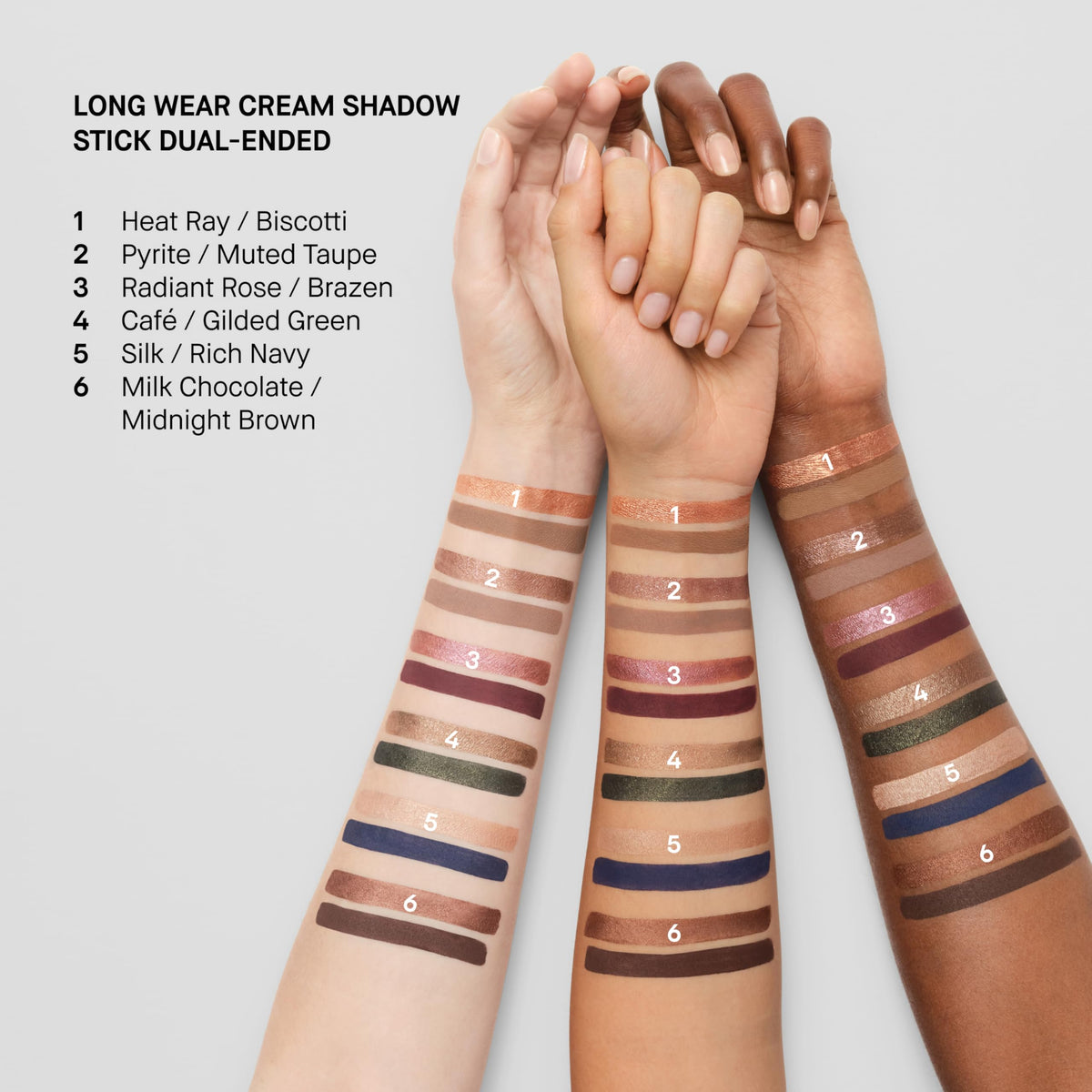Bobbi Brown arm swatches of matte and shimmer pair showing true-to-tone payoff