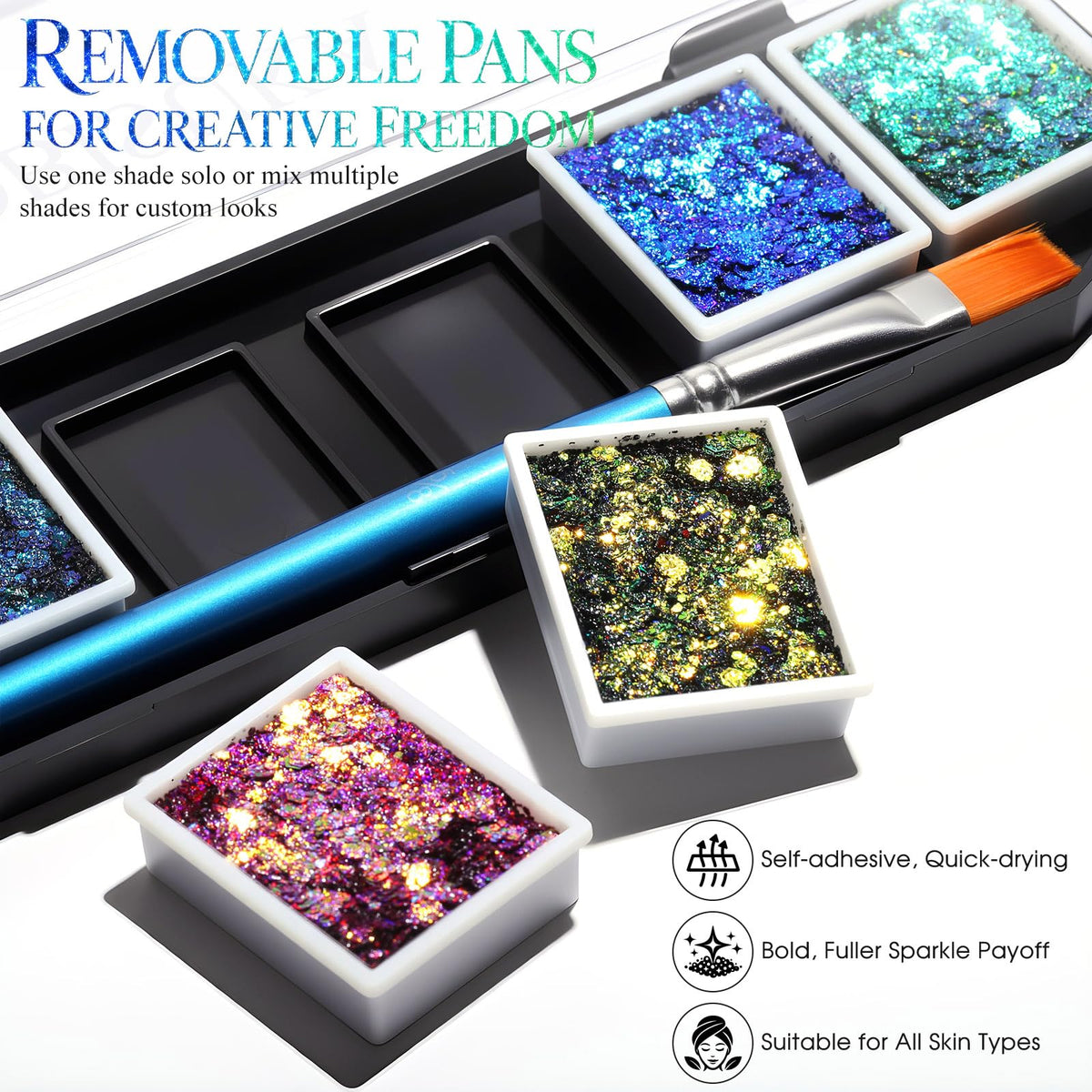 BOBISUKA glitter pan closeup showing chunky multi‑chrome texture and sparkle