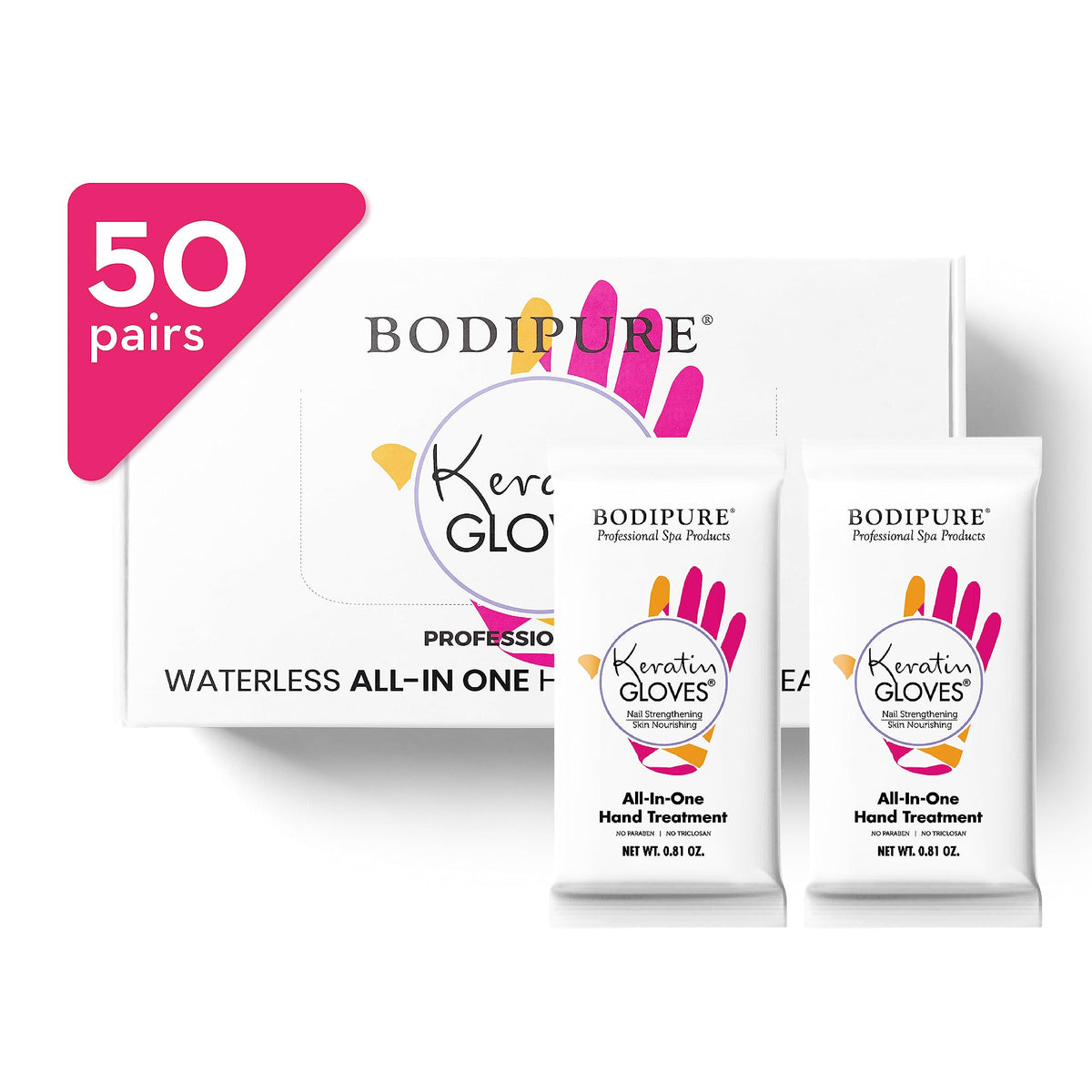 Bodipure front packaging showing 50 pairs and benefits