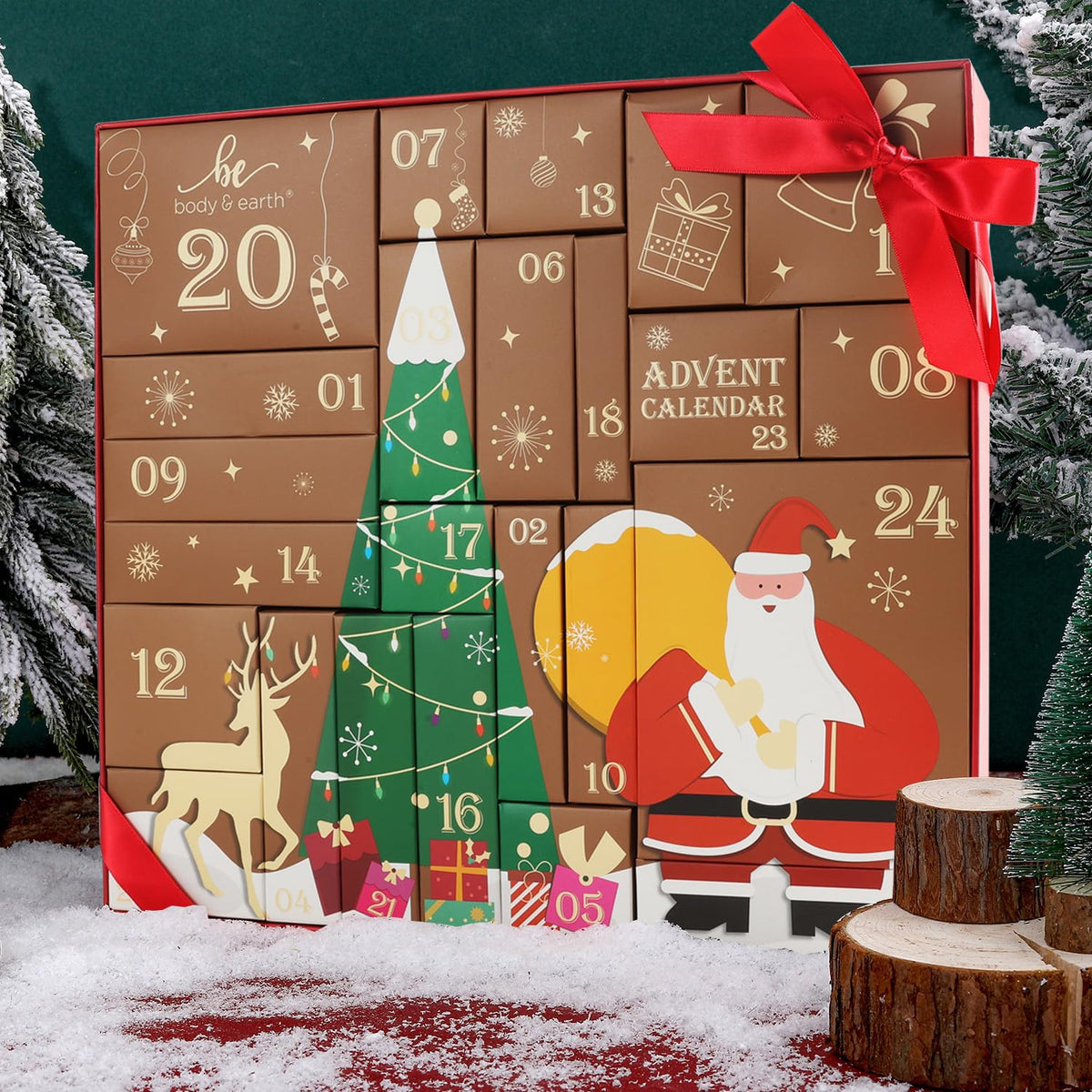 BODY & EARTH open calendar with 24 numbered doors revealing small skincare surprises for daily treats