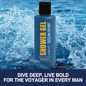 BODY & EARTH shampoo pouring from bottle to show lightweight rinseability benefit