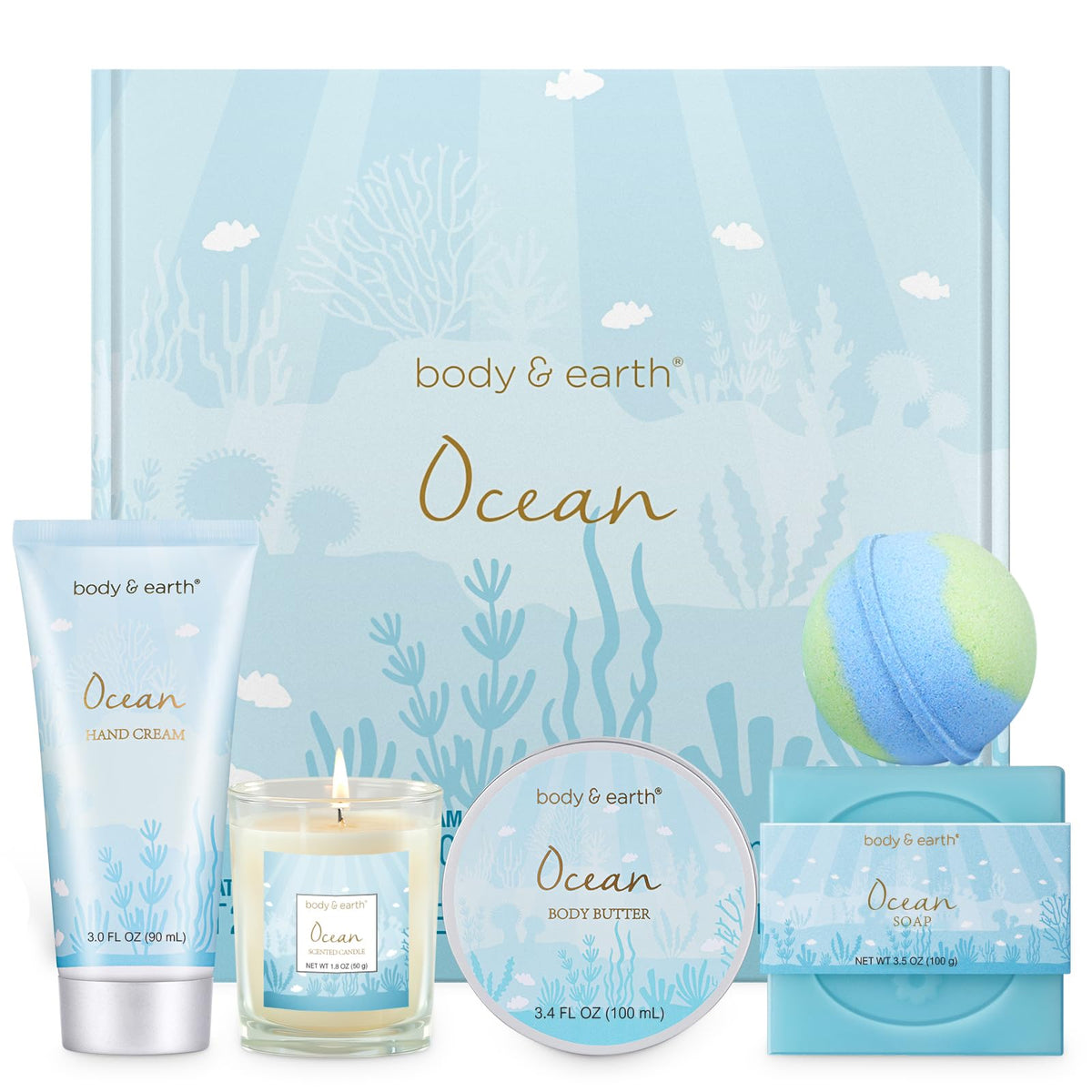 BODY & EARTH front packaging showing ready-to-gift ocean set and high perceived value