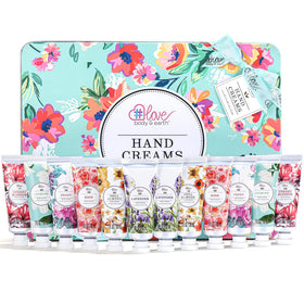 BODY & EARTH front packaging showing all 12 travel hand cream tubes and benefits