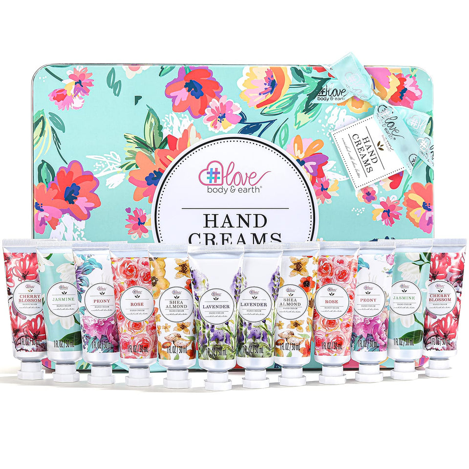 BODY & EARTH front packaging showing all 12 travel hand cream tubes and benefits