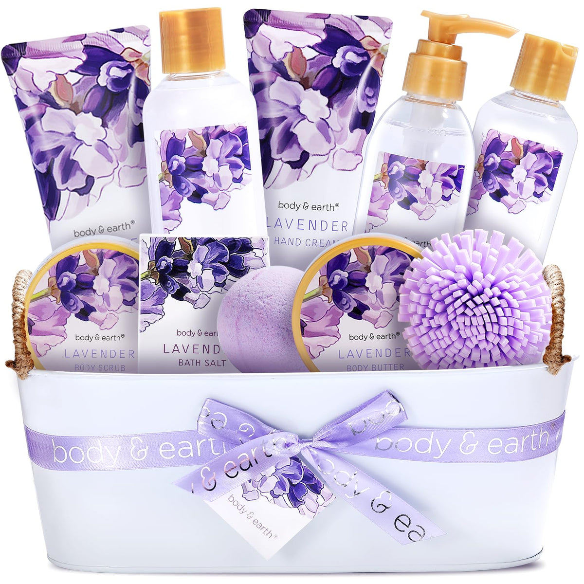 BODY & EARTH front view of lavender spa basket showcasing elegant gift presentation and convenience