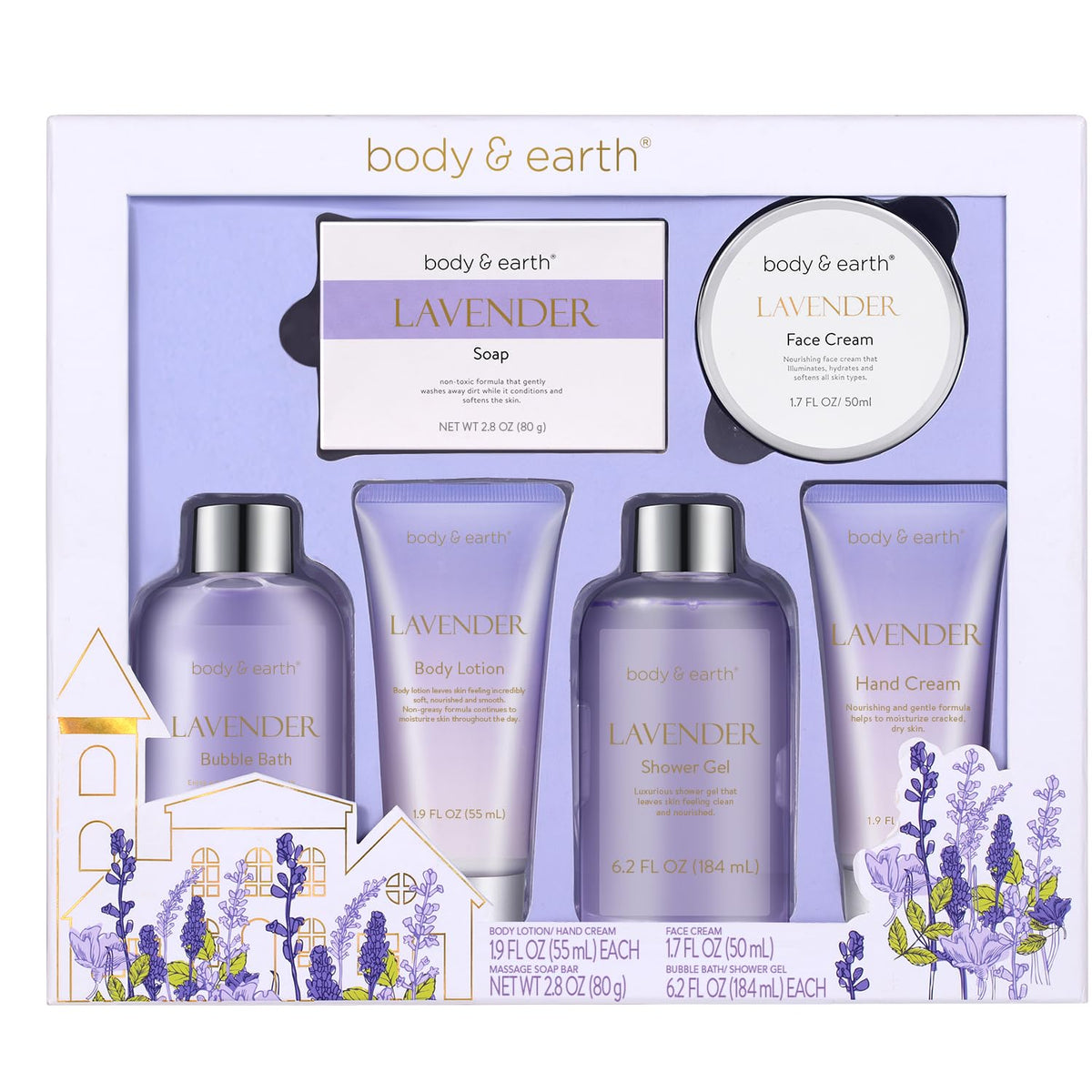 BODY & EARTH gift box front view showing lavender ribbon and elegant presentation benefit gifting