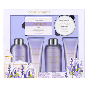 BODY & EARTH gift box front view showing lavender ribbon and elegant presentation benefit gifting