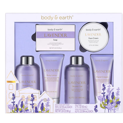 BODY & EARTH gift box front view showing lavender ribbon and elegant presentation benefit gifting