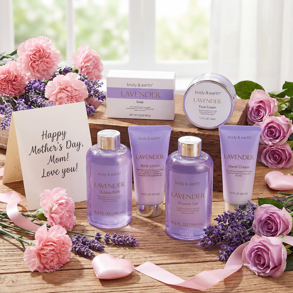 BODY & EARTH full gift set styled in a bathroom scene promoting relaxing at-home spa benefit