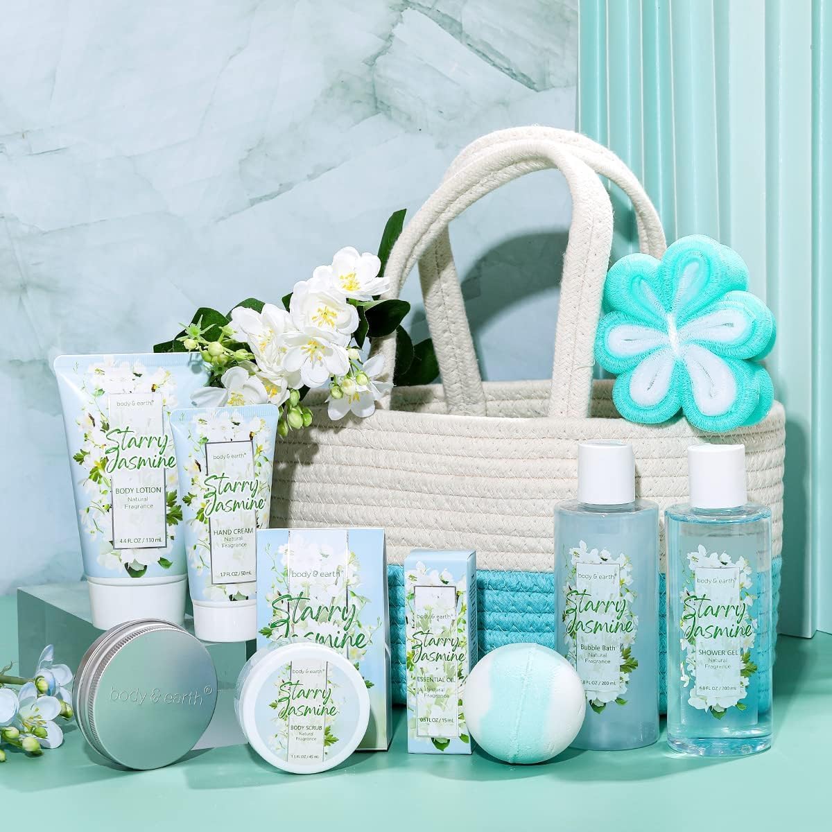 BODY & EARTH open basket layout displaying all eleven spa items neatly