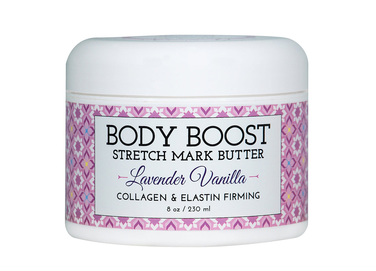 Body Boost jar front view showing label and calming lavender-vanilla scent benefits