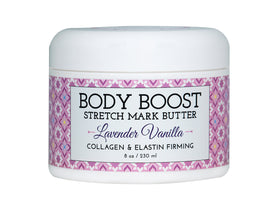 Body Boost jar front view showing label and calming lavender-vanilla scent benefits
