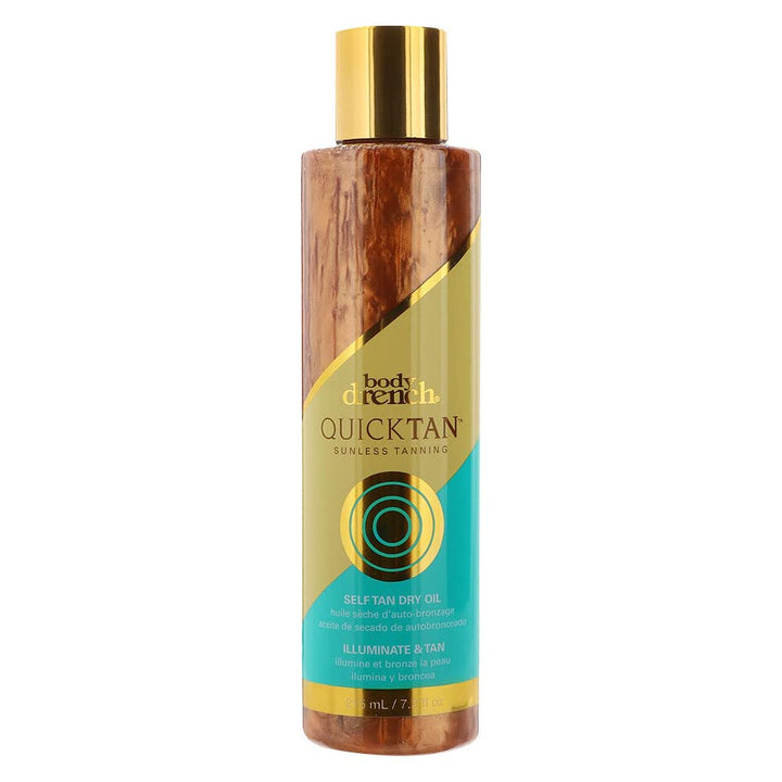 Body Drench front packaging showing bottle and label for quick tan dry oil benefit: clear branding and product info