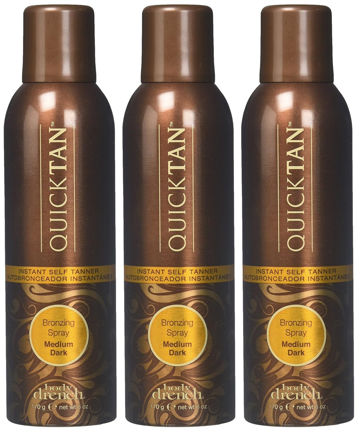 Body Drench bottle front view showing quicktan bronzing spray and instant tint benefit