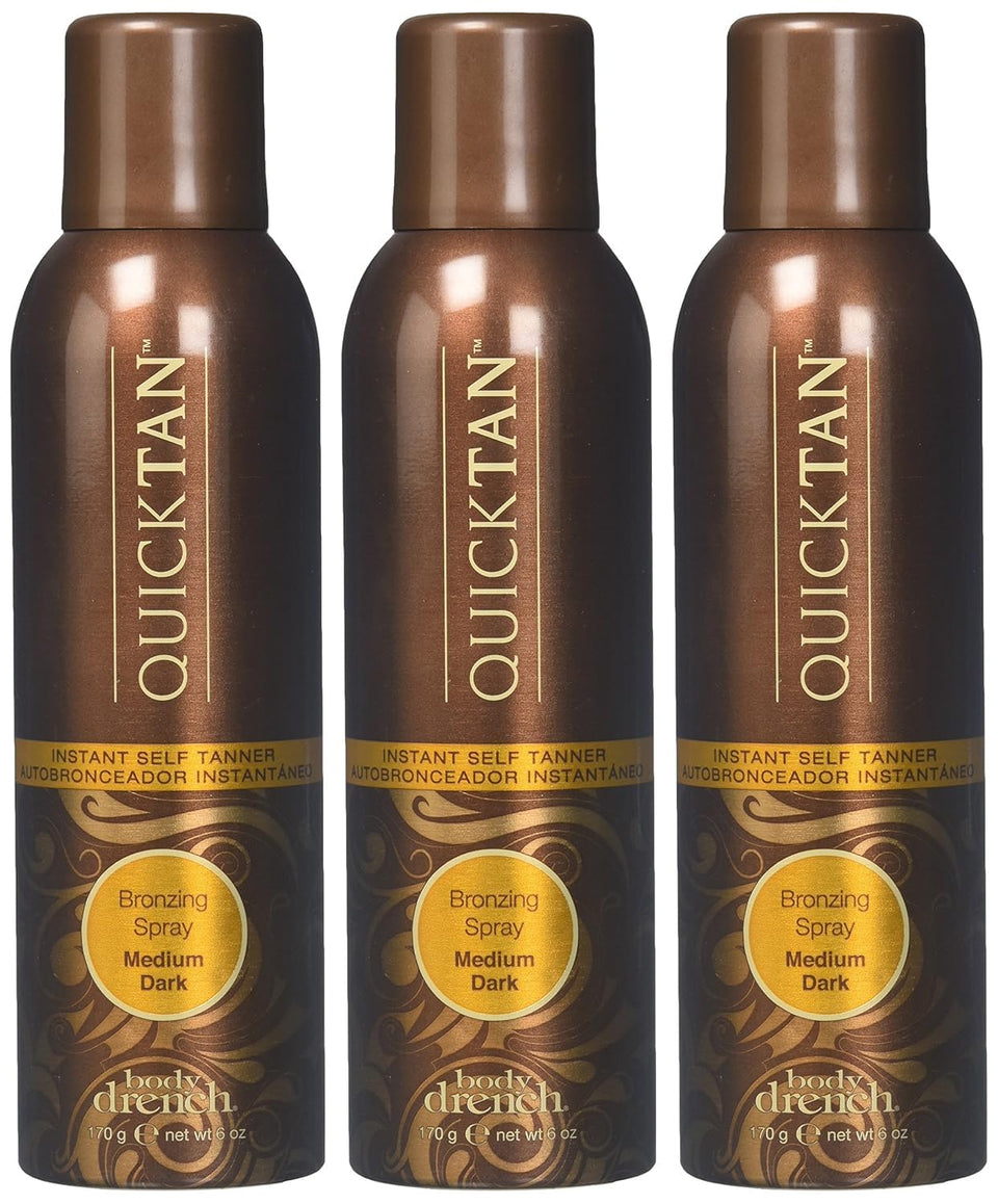 Body Drench bottle front view showing quicktan bronzing spray and instant tint benefit