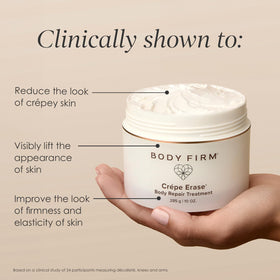 BODY FIRM cream texture close-up highlighting fast-absorbing finish