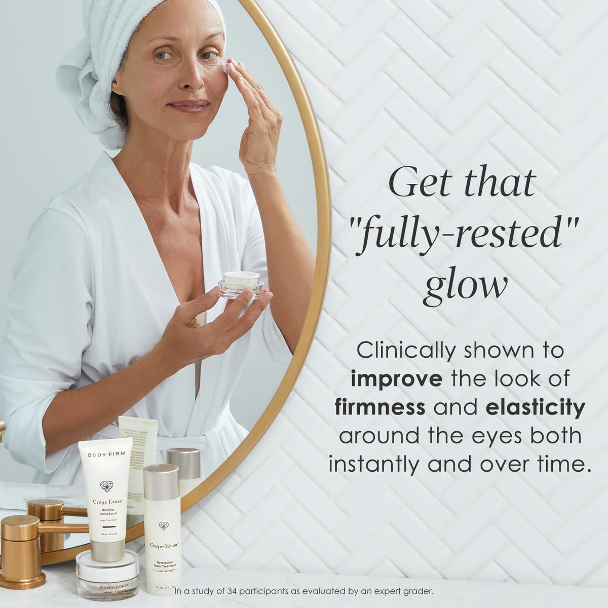 BODY FIRM cream on fingertip being applied to eye area for instant smoothing benefit
