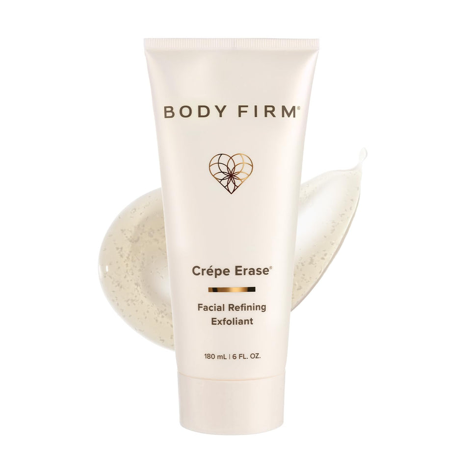 BODY FIRM front packaging of Crepe Erase facial scrub shows product and benefit
