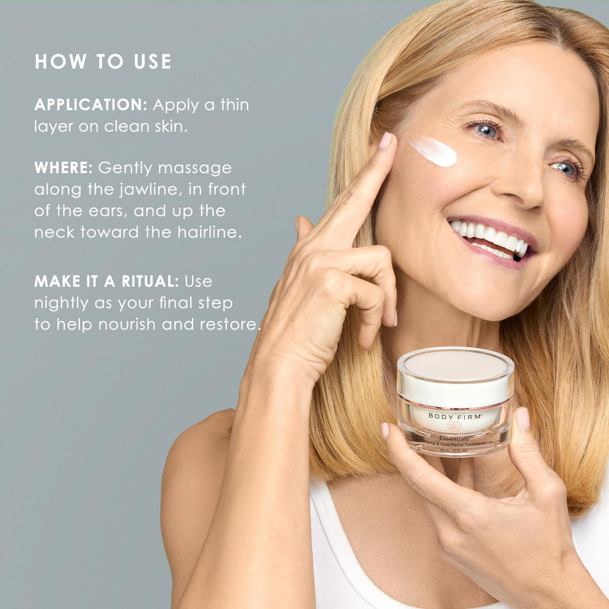 BODY FIRM on vanity at night illustrating nightly skincare ritual