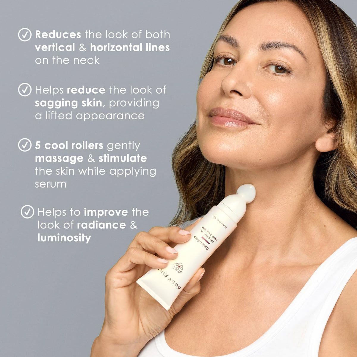BODY FIRM five-metal roller applicator close-up delivering cooling massage