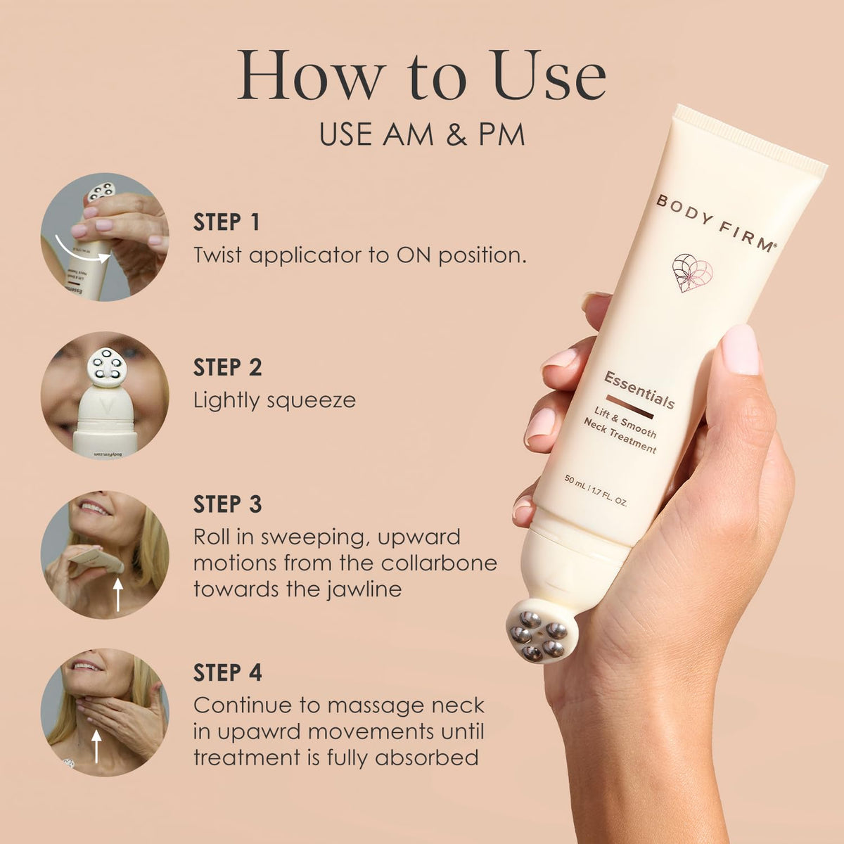 BODY FIRM creamy-serum texture on fingertip for lightweight absorption