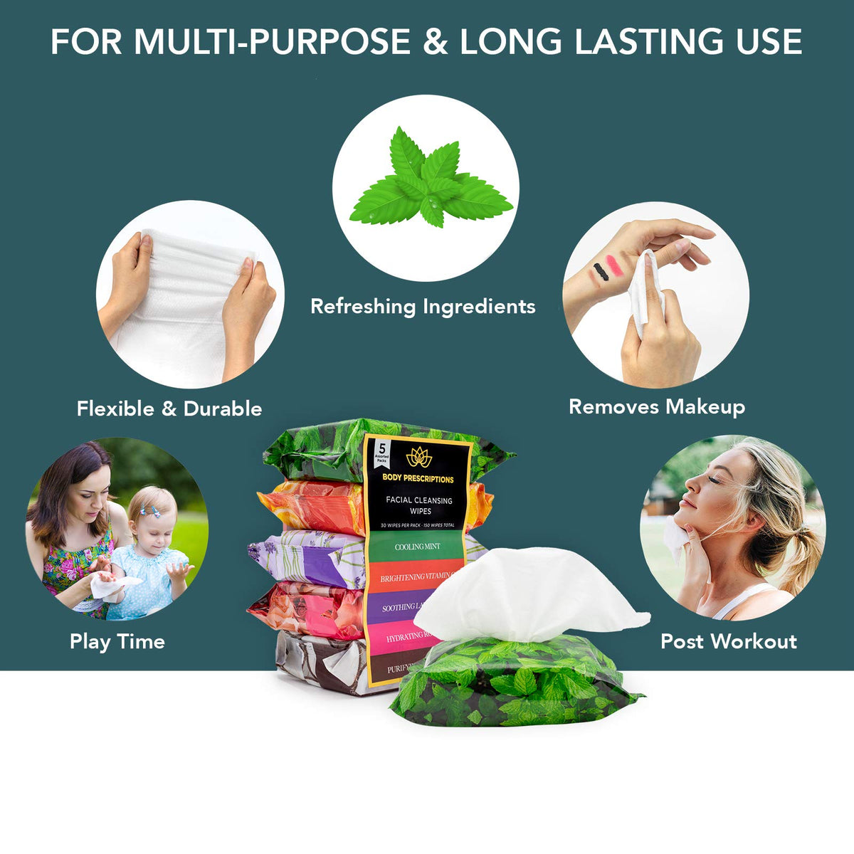 Body Prescriptions close-up of wipe texture highlighting gentle cloth and effective cleansing